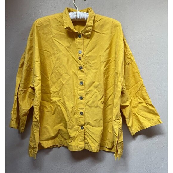 Eleven Stitch Design Womens Lyocell Cotton Button Front Shirt Top Medium Yellow - Picture 1 of 7